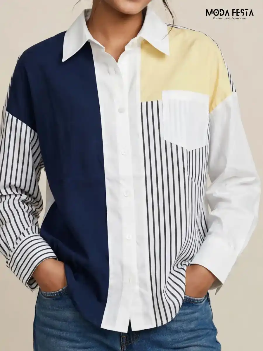 Asymmetric Colorblock and Striped Long-Sleeve Shirt