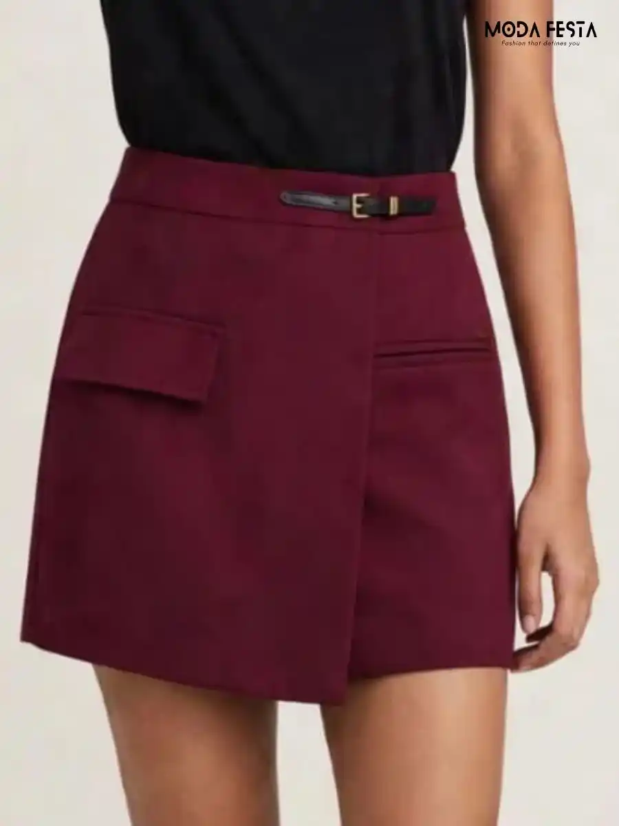 ModaFesta -maroon-faux-suede-belted-skort-with-pocket-detail