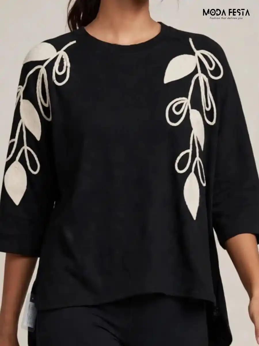 ModaFesta -black-embroidered-leaf-detail-casual-top