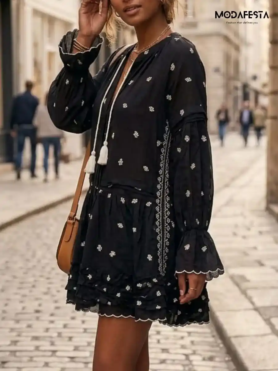ModaFesta -elegant-boho-embroidered-tunic-dress-black