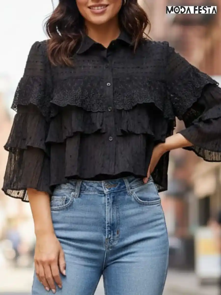 ModaFesta -elegant-ruffled-chiffon-shirt-black