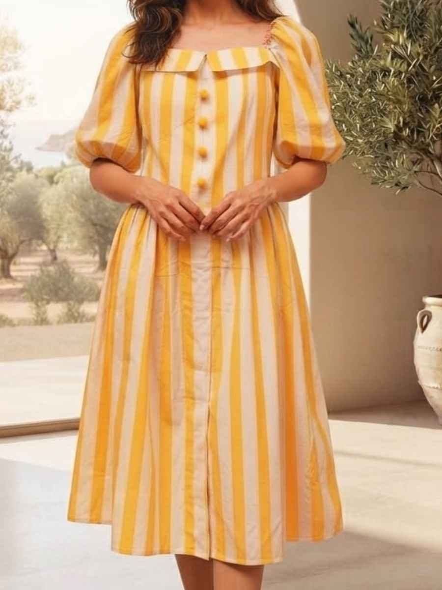 ModaFesta -yellow-white-striped-puff-sleeve-midi-dress