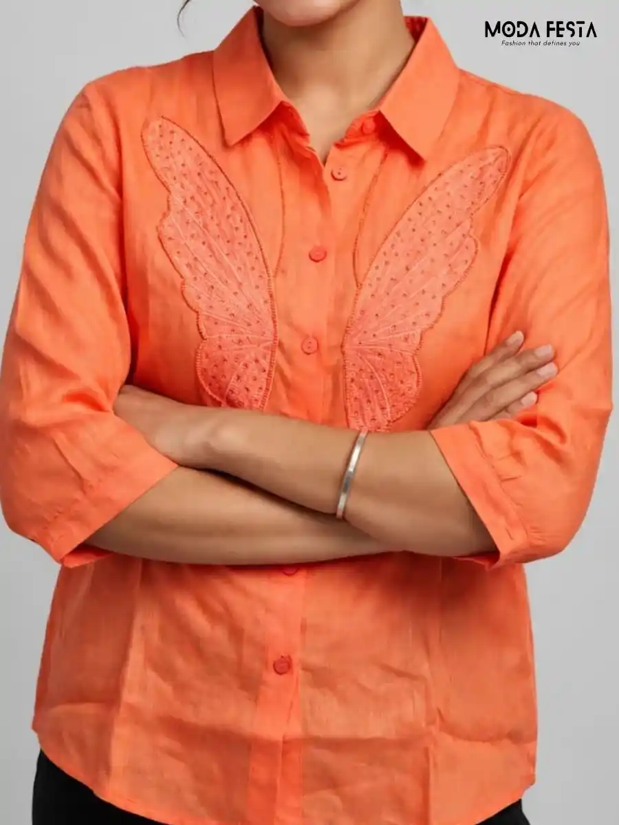 ModaFesta -orange-embroidered-wing-detail-shirt