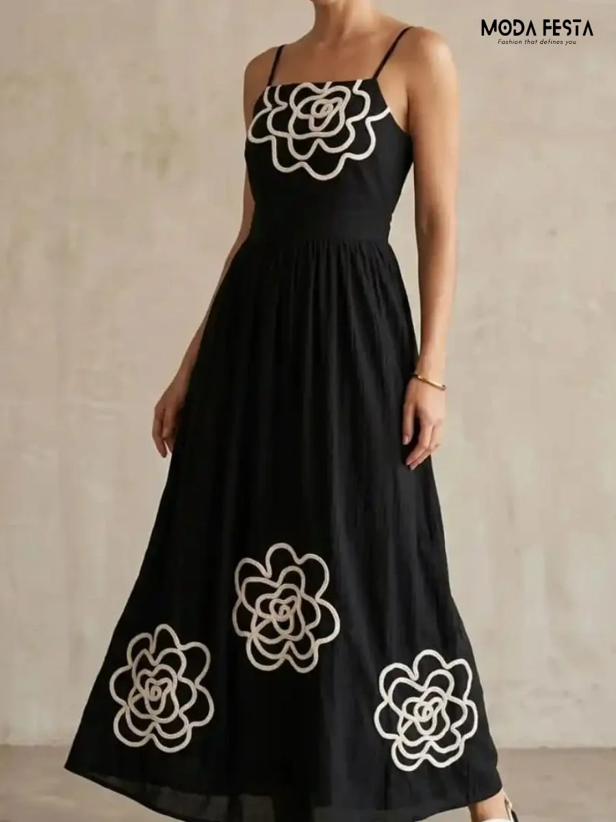Midnight Bloom Appliqué Maxi Dress