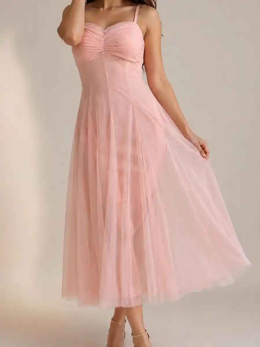 Blushing Elegance Sweetheart Ruched Tulle Midi Dress