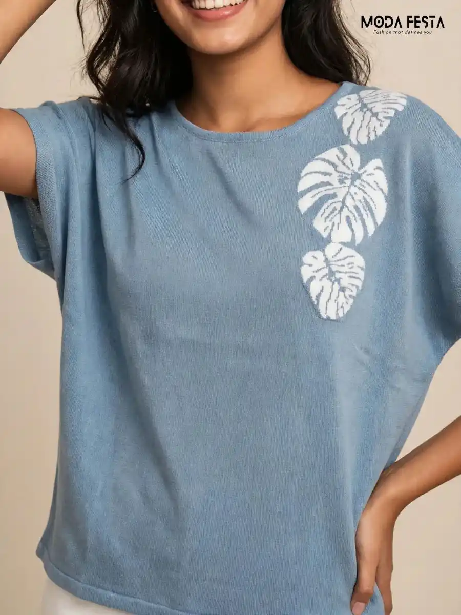 Dusty Blue & White Leaf Motif Short Sleeve Knit Top
