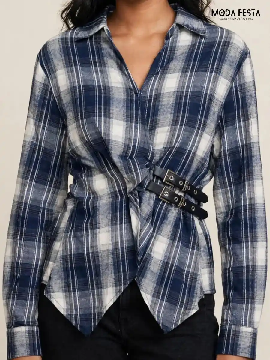 Plaid Wrap-Style Casual Shirt
