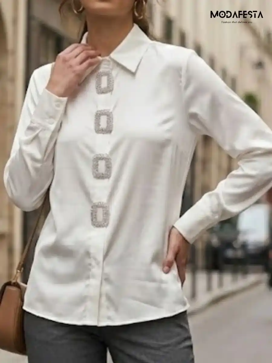 Elegant Rhinestone Buckle Satin Blouse