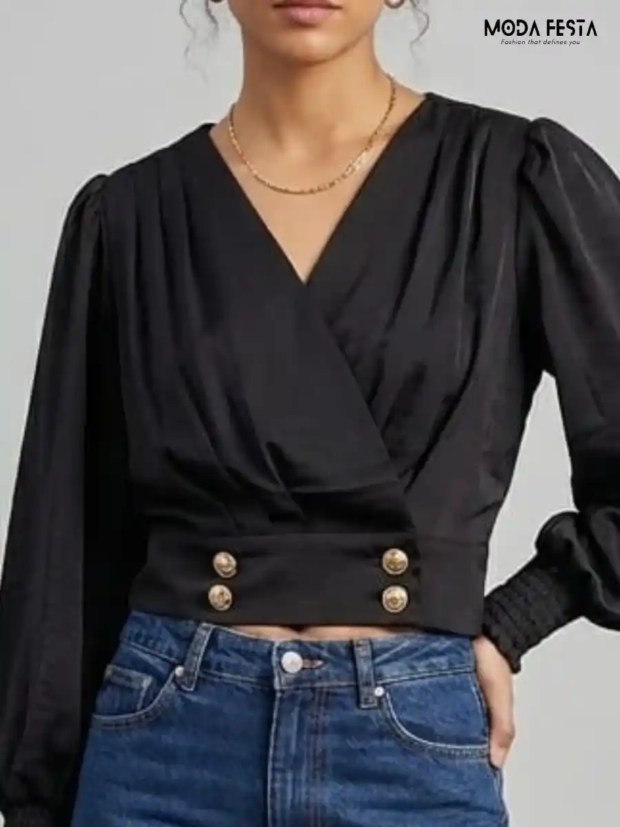 Black Pleated Peplum Top with Gold Hardware