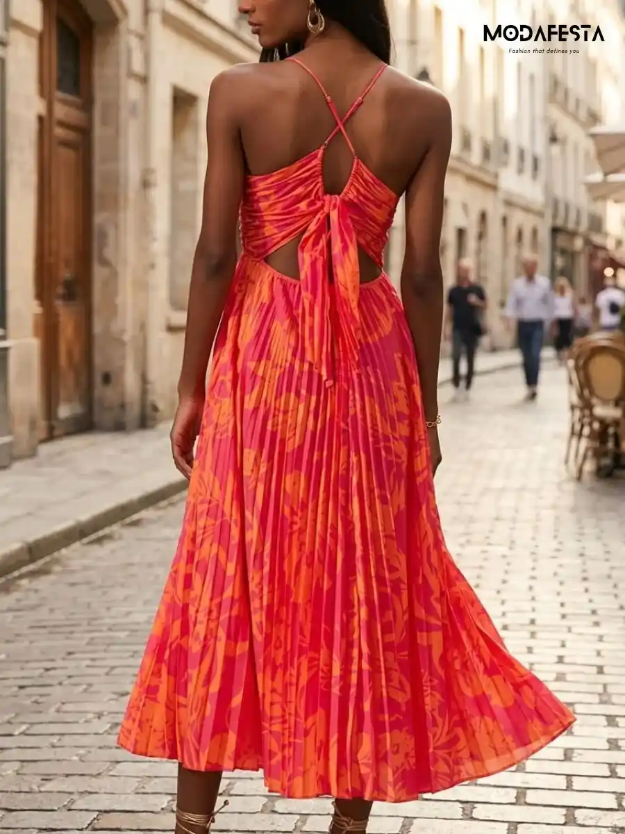 ModaFesta -elegaant-pleated-v-neck-maxi-dress-with-back-knot-orange