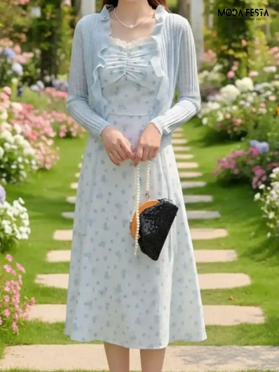Elegant Floral Print Dress With Shrug