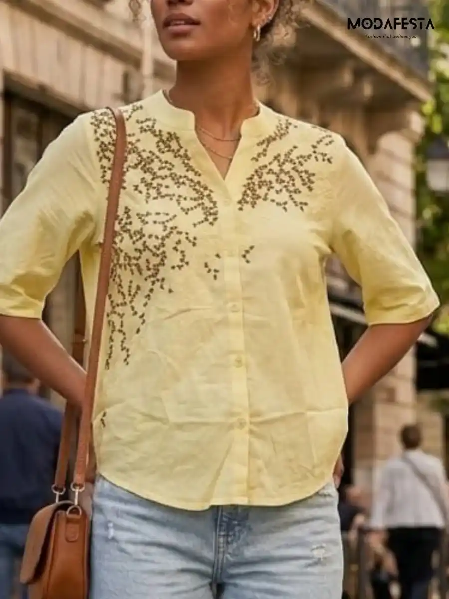 ModaFesta -elegant-style-floral-embroidered-v-neck-shirt-yellow