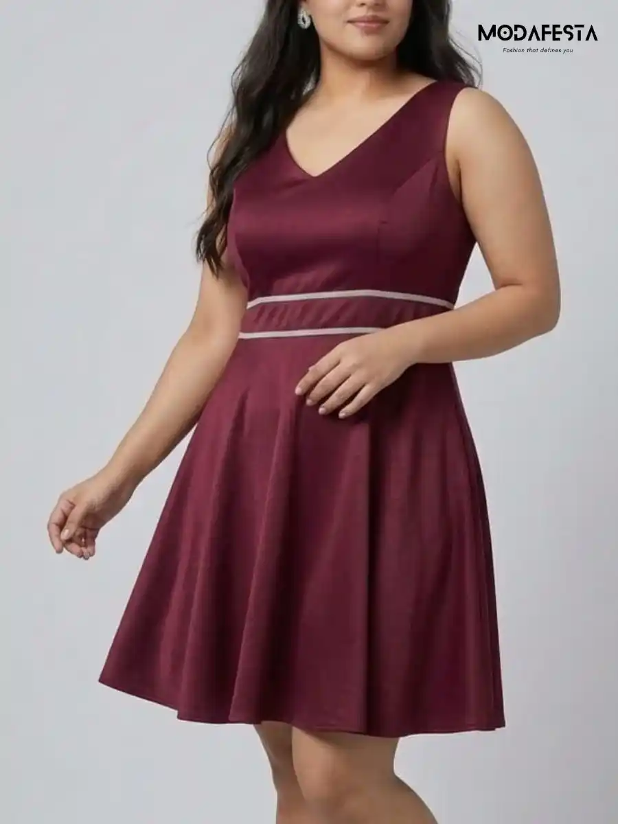 ModaFesta -elegant-embellished-v-neck-fit-and-flair-party-dress-maroon