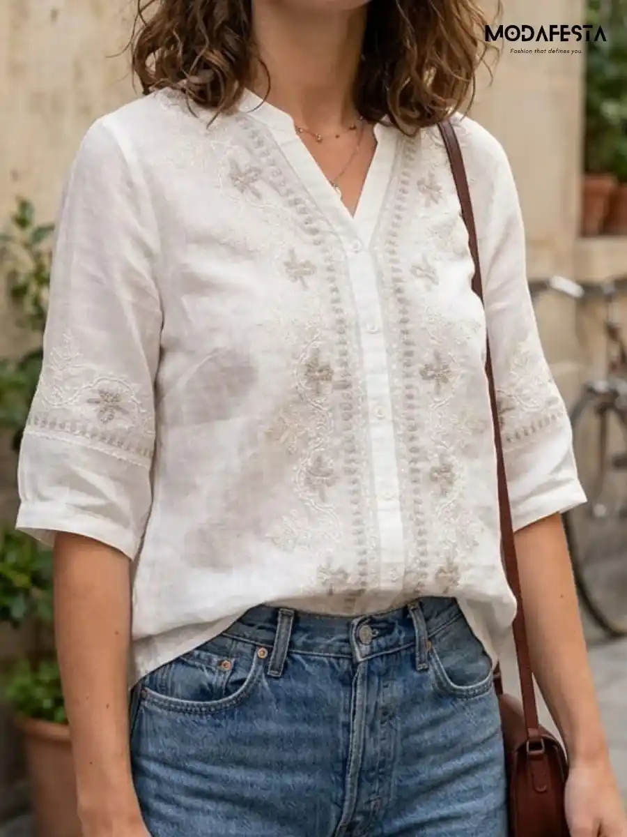 ModaFesta -elegant-floral-embroidery-linen-v-neck-shirt-beige