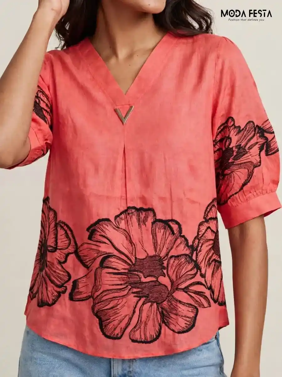 ModaFesta -coral-oversized-floral-print-top