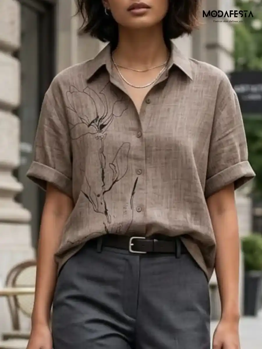 ModaFesta -classy-graphic-floral-long-linen-shirt-brown