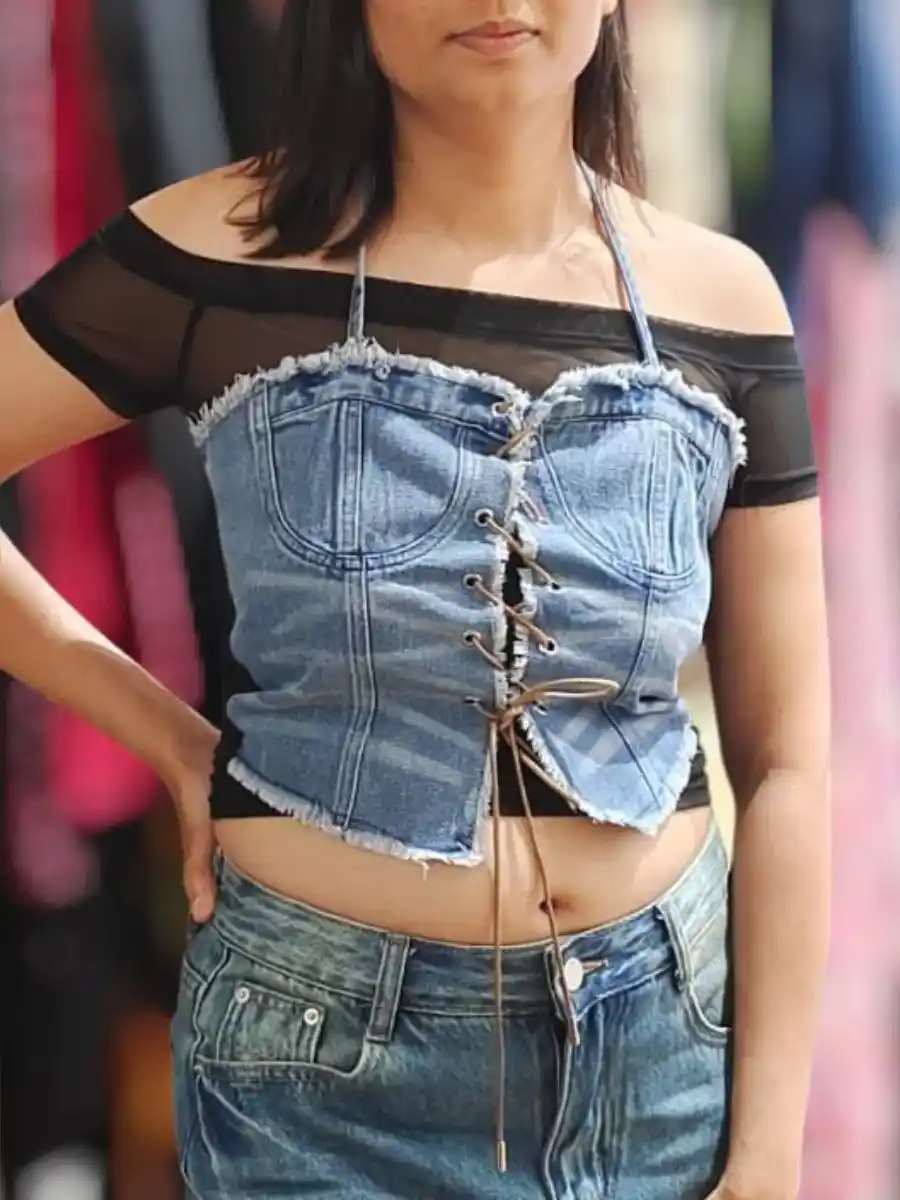 ModaFesta -elegant-denim-halter-neck-style-top-blue