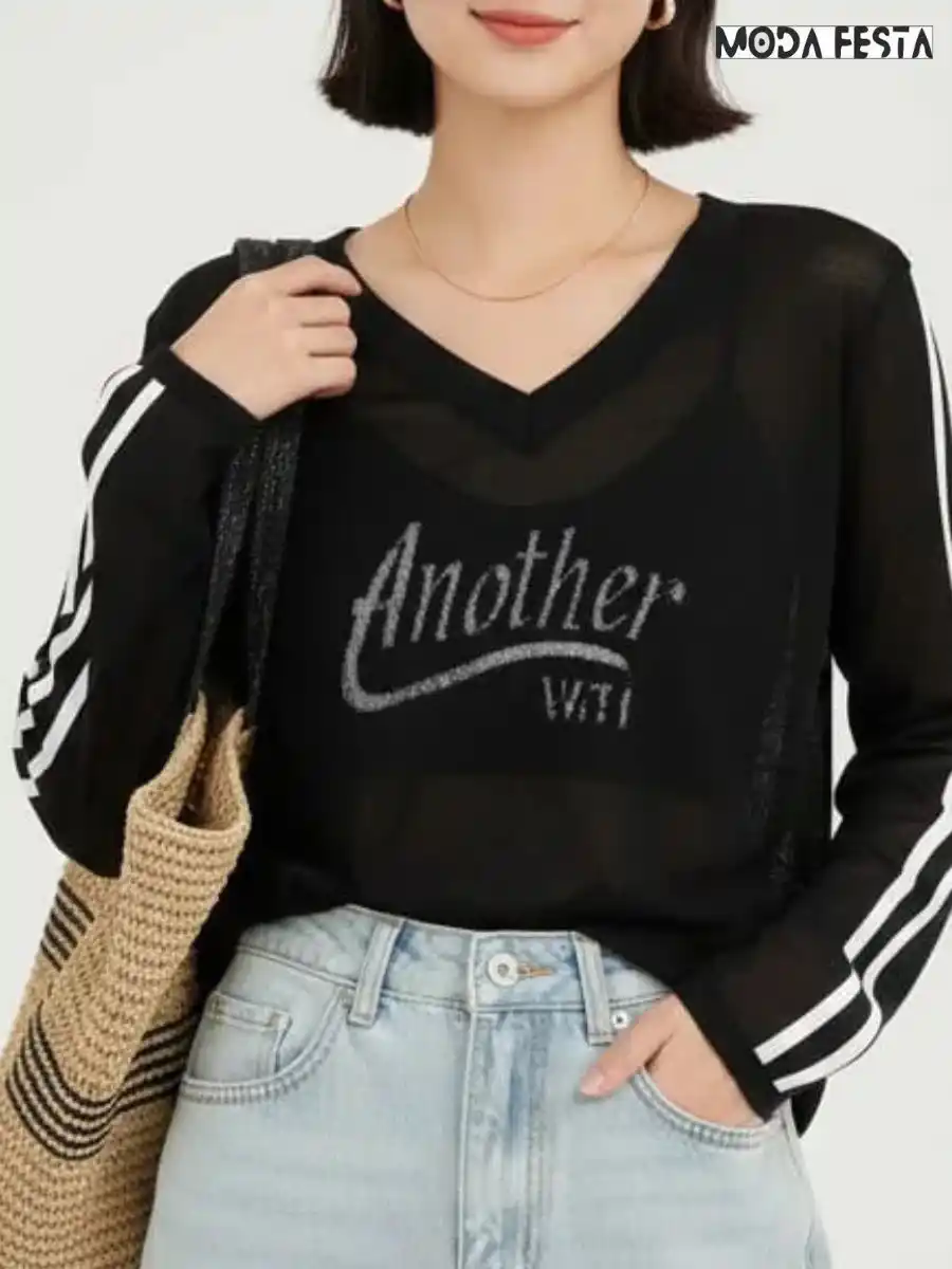 ModaFesta -elegant-v-neck-stripes-top-black