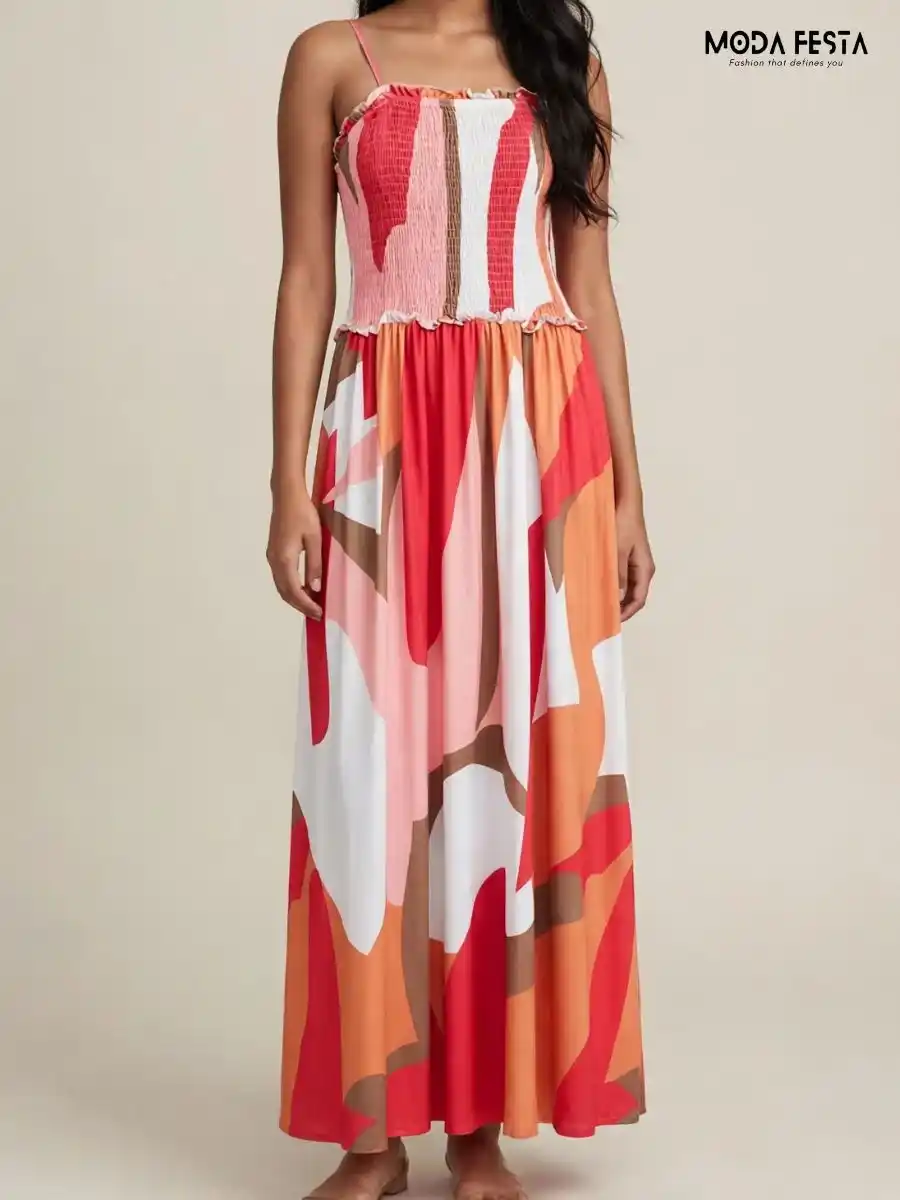 Abstract Print Smocked Maxi Dress