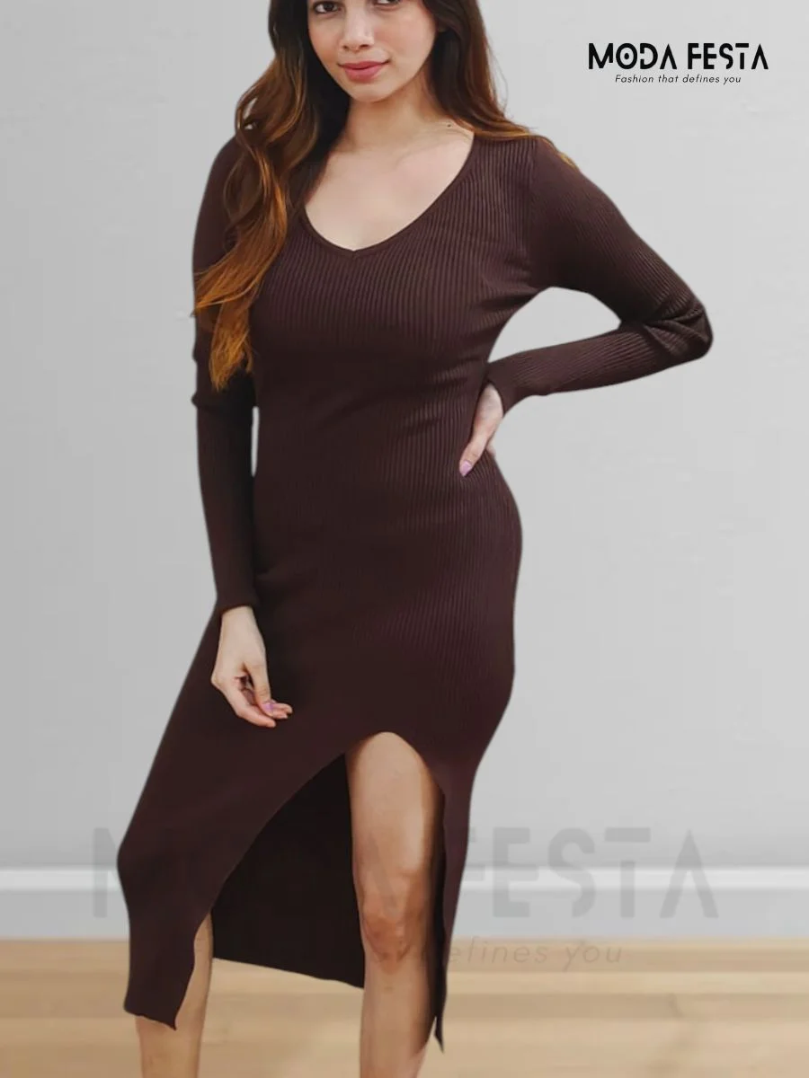 ModaFesta -style-v-neck-bodycon-dress-brown
