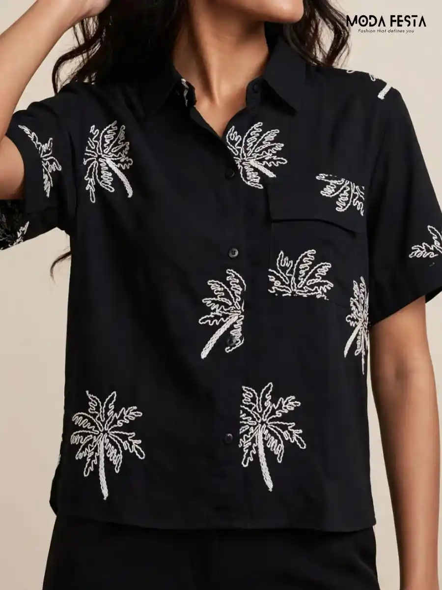 ModaFesta -black-palm-tree-embroidered-casual-shirt
