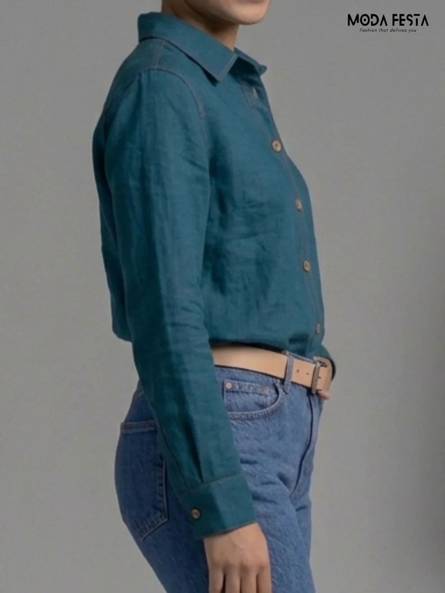 ModaFesta -classic-teal-linen-button-down-shirt