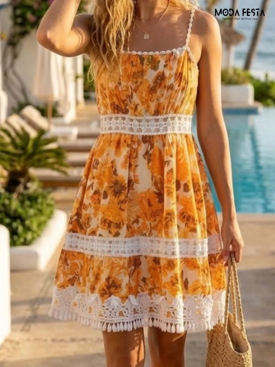 Floral Print Crochet-Trim Tassel Mini Dress