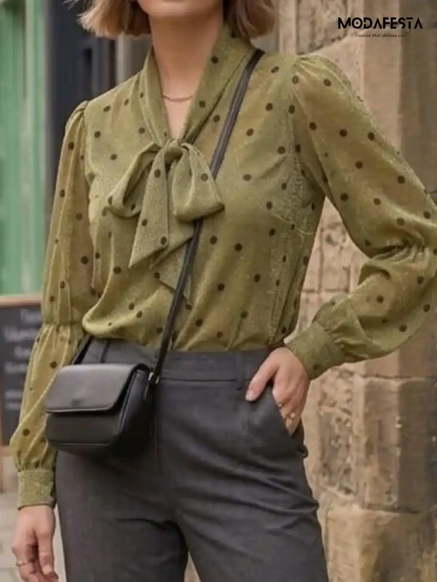 ModaFesta -elegant-chiffon-polka-dot-shirt-tie-up-neck-green