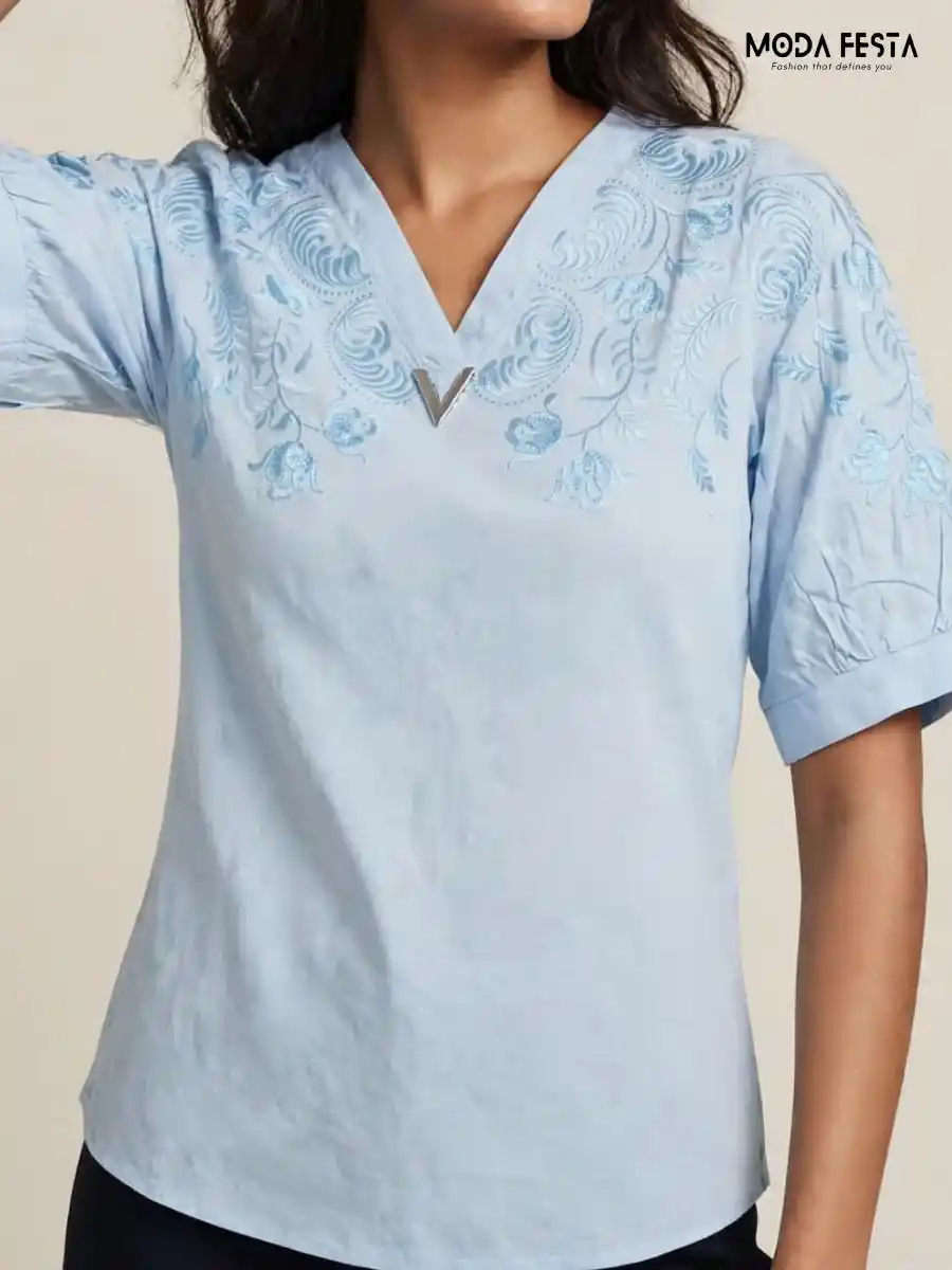 ModaFesta -light-blue-embroidered-v-neck-top