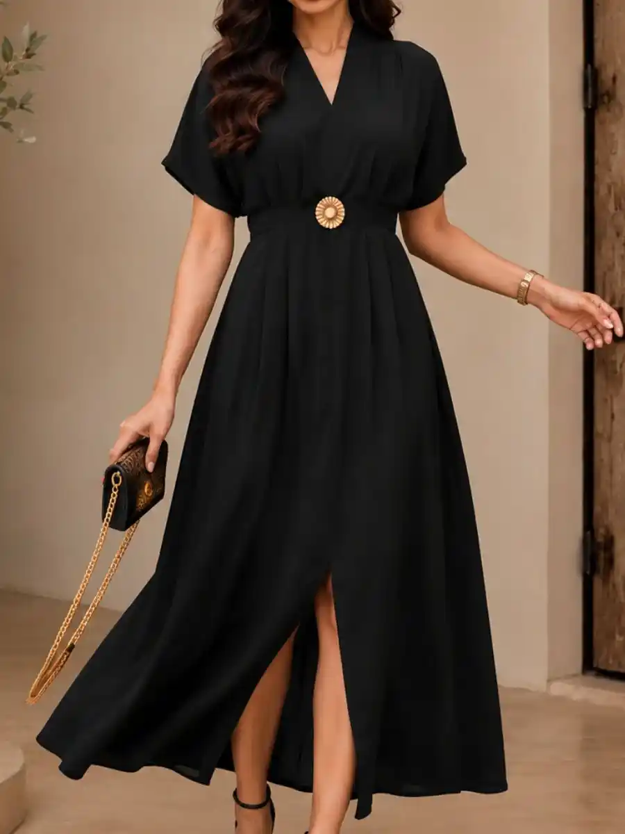 Elegant Black V-Neck Waist-Buckle Maxi Dress