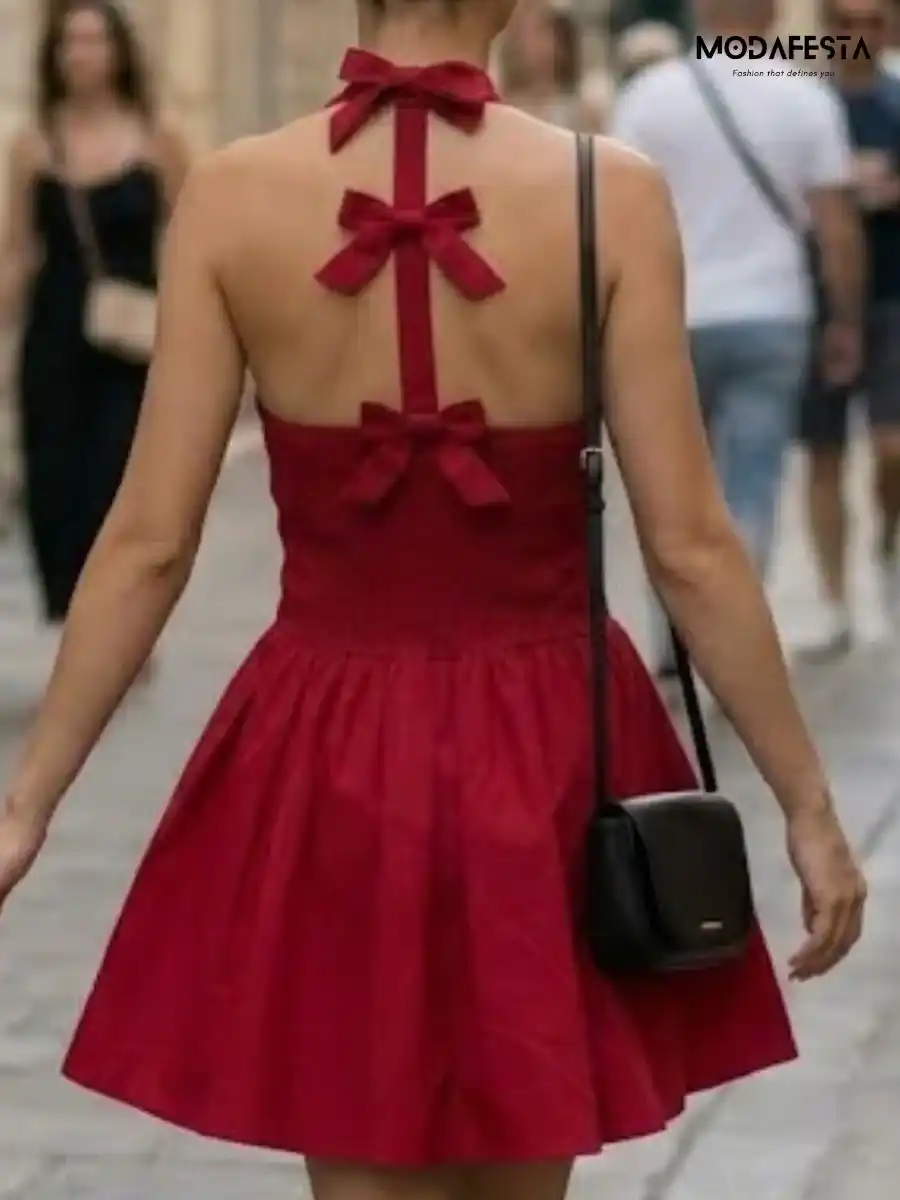 ModaFesta -elegant-halter-neck-flair-dress-with-back-bow-red