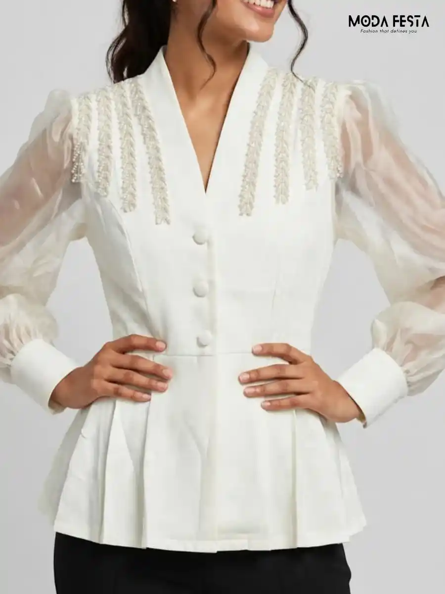 White Beaded Mandarin V-Neck Organza Sleeve Peplum Top