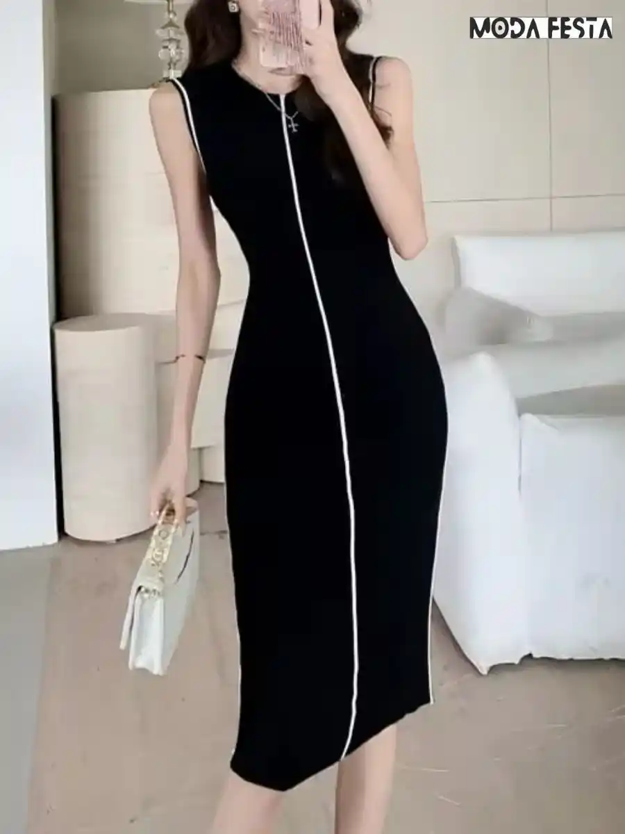 ModaFesta -knit-bodycon-white-strip-dress-black