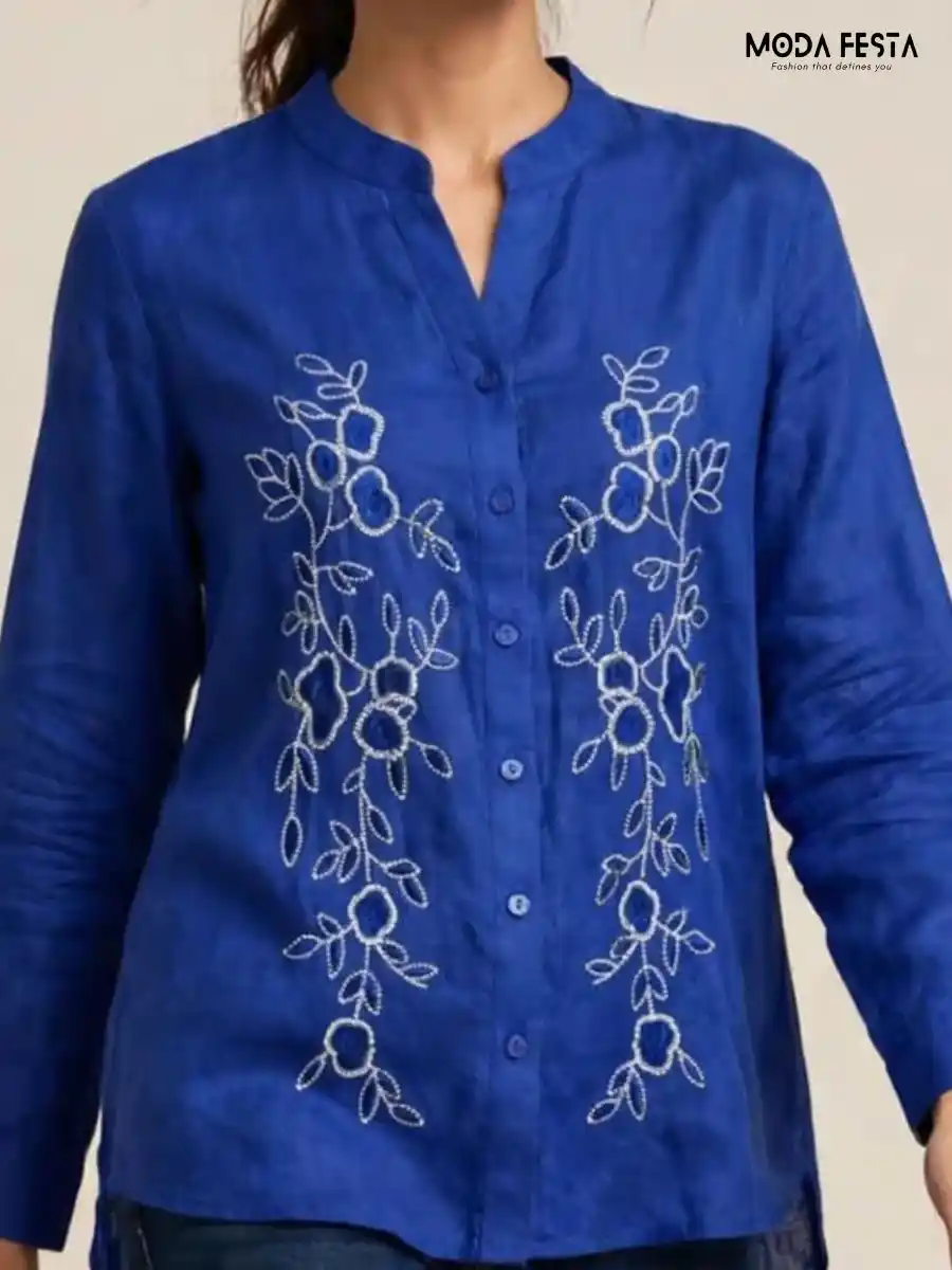ModaFesta -royal-blue-floral-embroidered-button-down-top