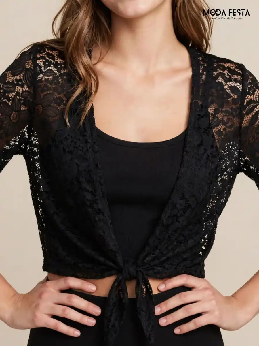 Black Lace Tie-Front Crop Shrug