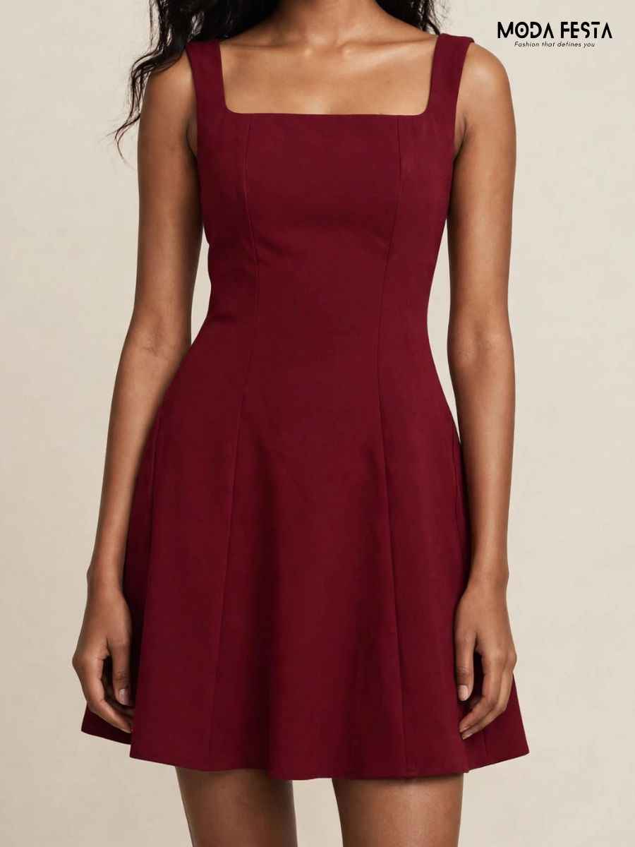 Solid Square-Neck A-Line Mini Dress
