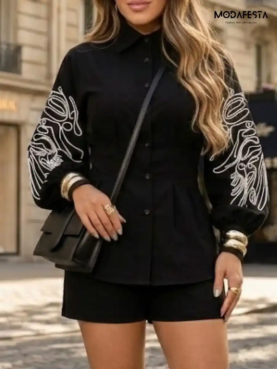 ModaFesta -stylish-embroidered-long-shirt-black