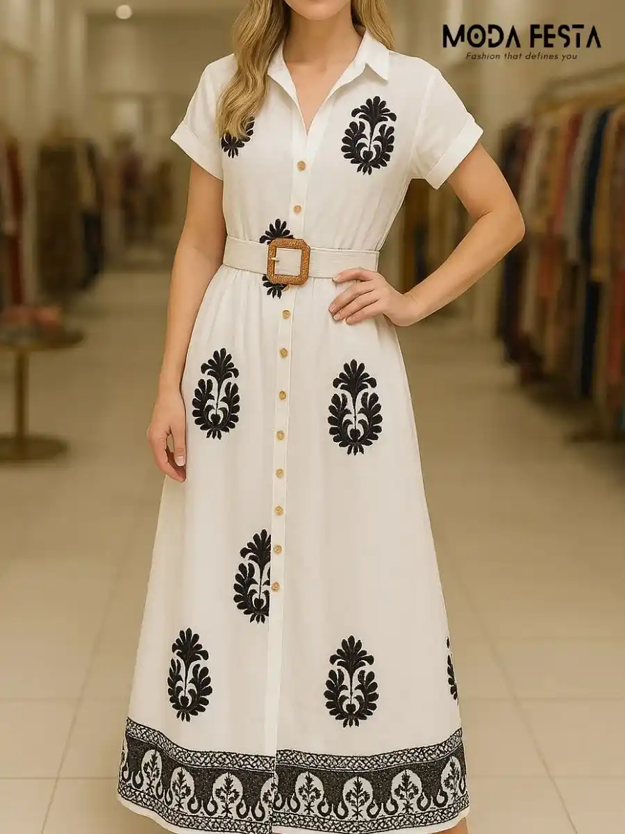 ModaFesta -elegant-floral-print-collared-v-neck-dress-white