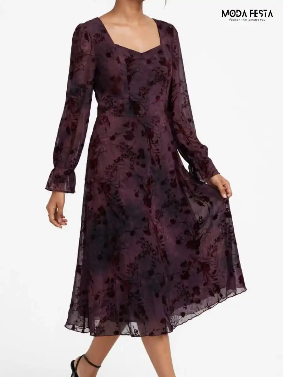 ModaFesta -elegant-floral-print-velvet-chiffon-midi-dress