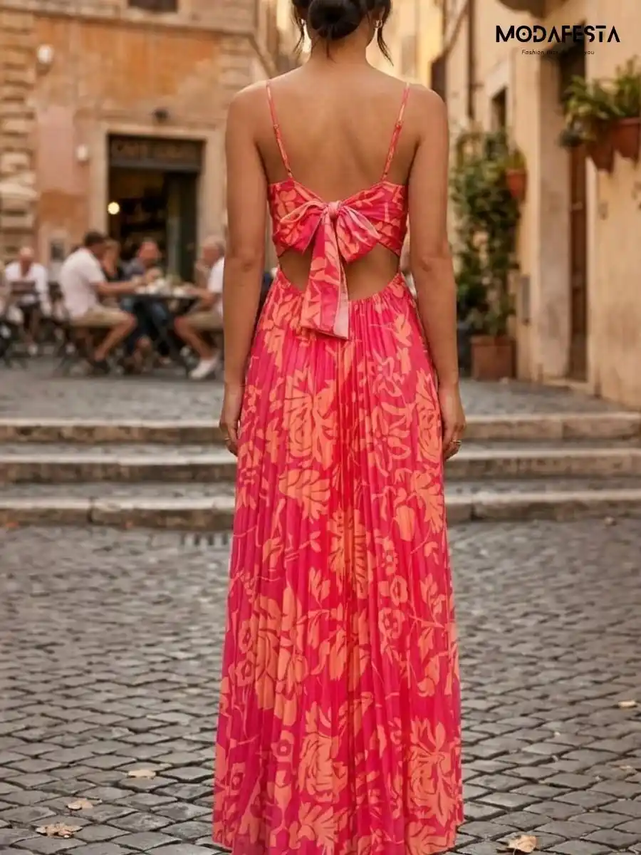ModaFesta -elegant-pleated-v-neck-maxi-dress-with-side-knot-pink