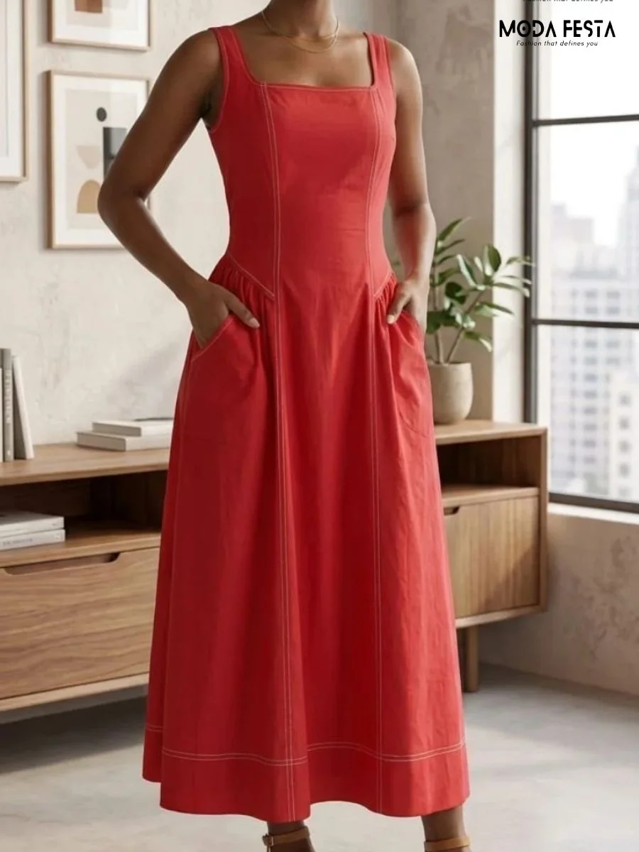 Contrast-Stitch Square Neck Midi Dress