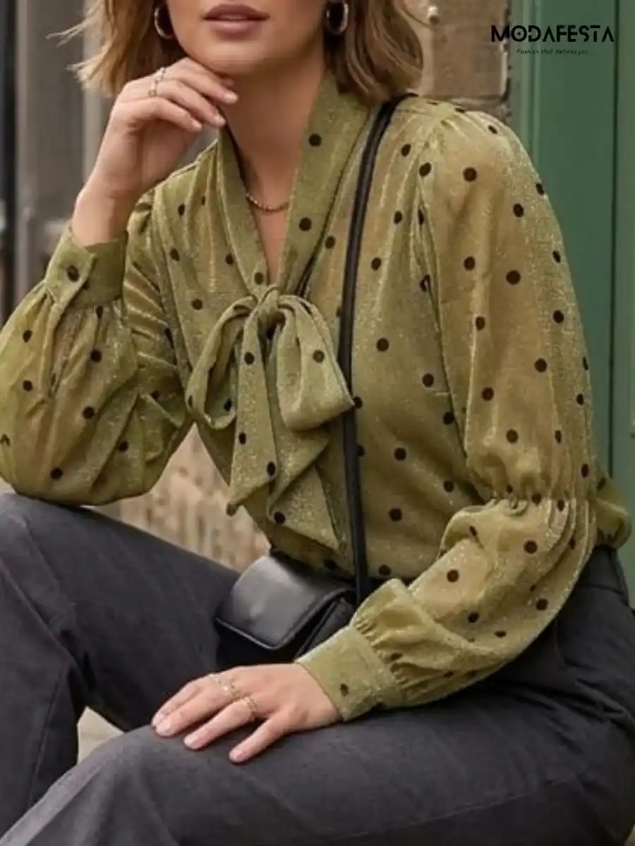 ModaFesta -elegant-chiffon-polka-dot-shirt-tie-up-neck-green