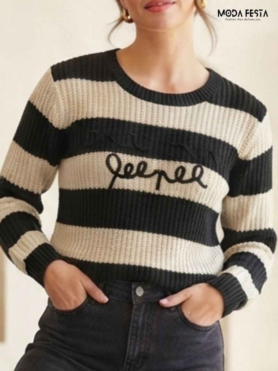 ModaFesta -black-beige-striped-embroidered-knit-top