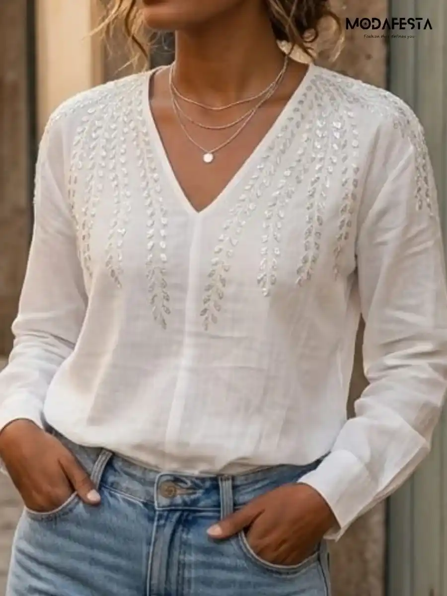 ModaFesta -elegant-embellished-v-neck-top-beige