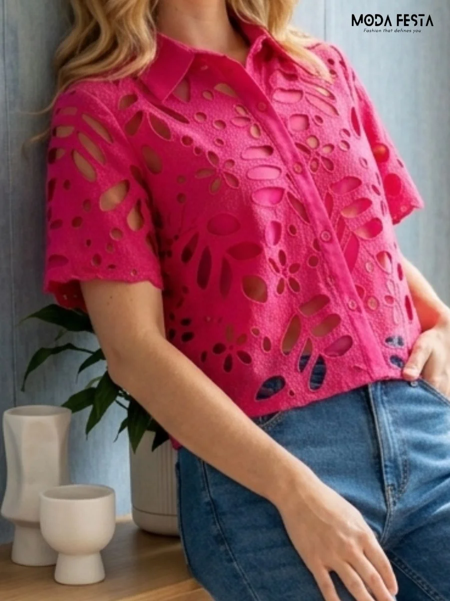 ModaFesta -hot-pink-floral-eyelet-button-down-shirt