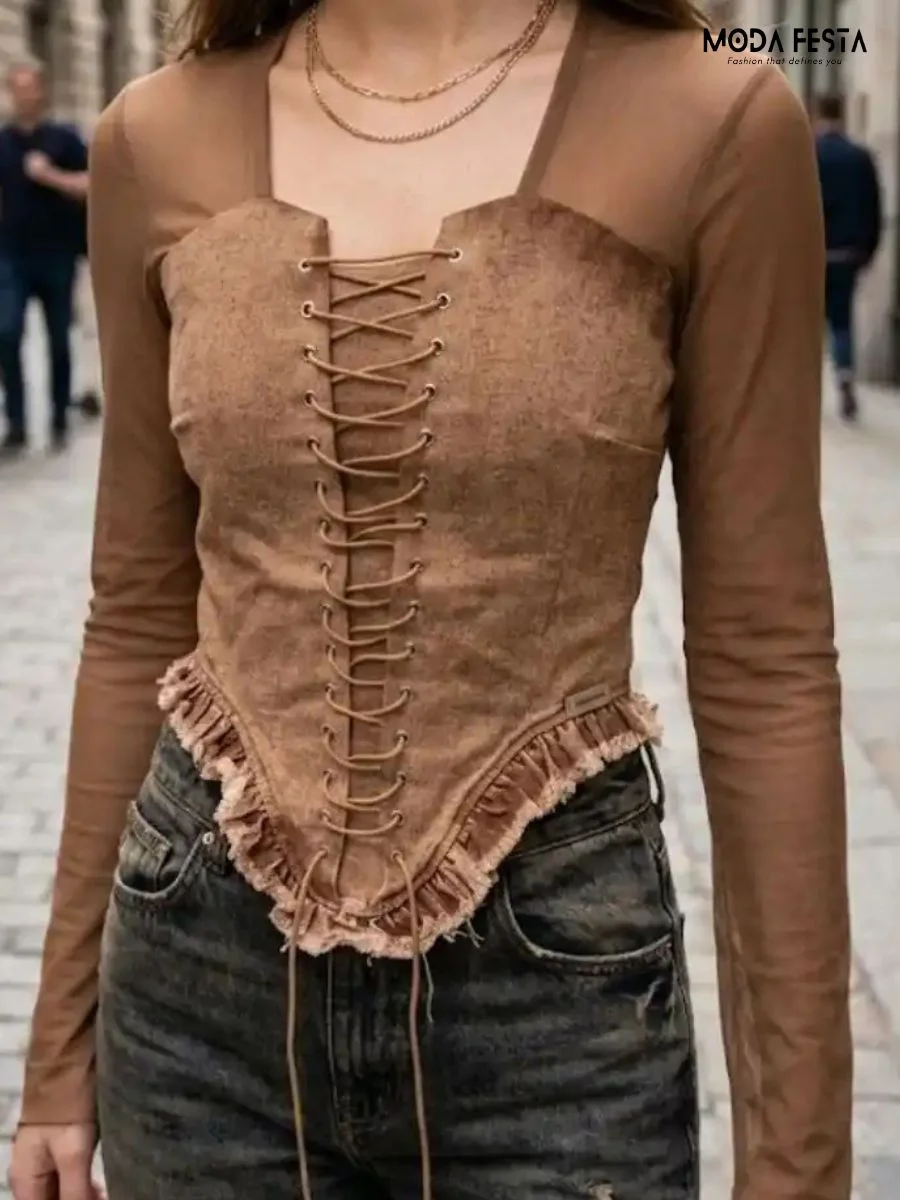 Lace-Up Denim Corset Mesh Top