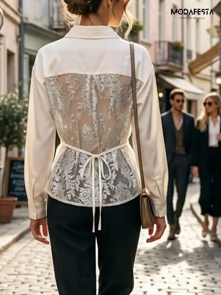 Cream Satin Lace-Back Shirt