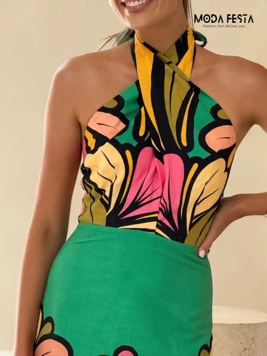ModaFesta -Halter-neck-printed-floral-dress-green