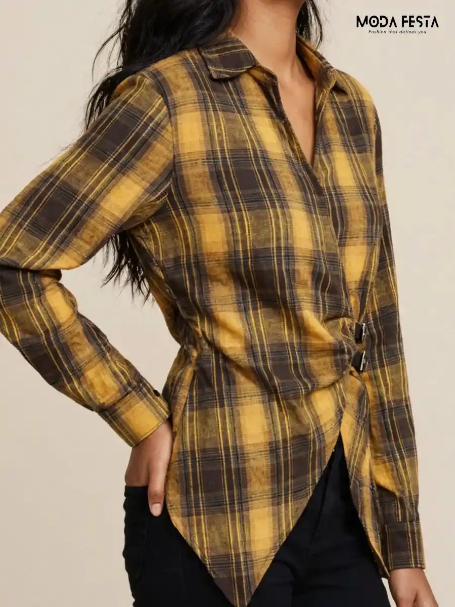 ModaFesta -yellow-and-black-plaid-wrap-style-casual-shirt
