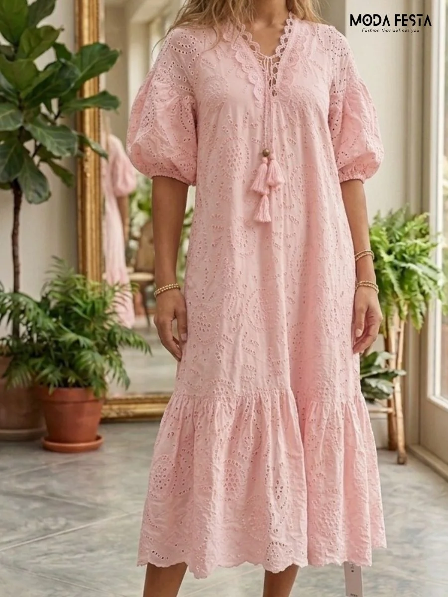 ModaFesta -peach-scallop=eyelet-dress